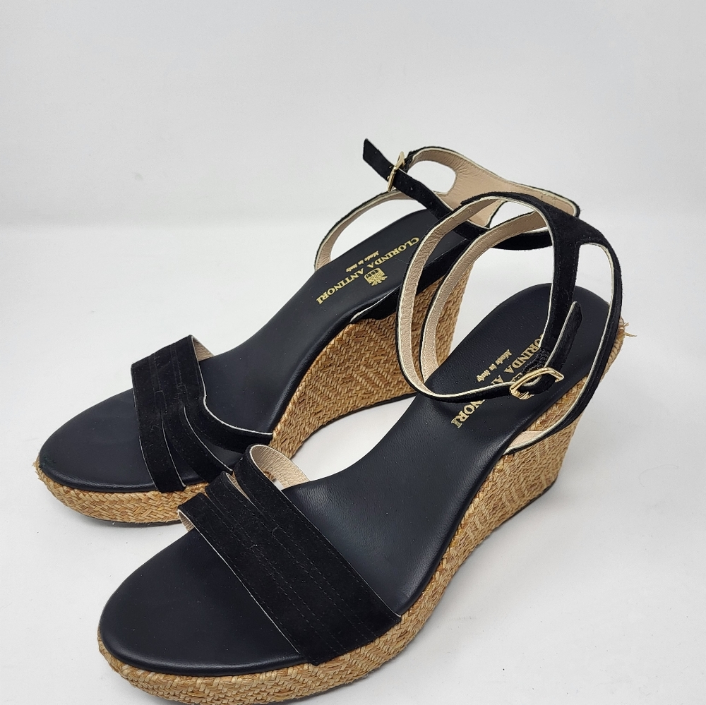 Clorinda Antinori Espadrille Ankle Strap Wedge Black Suede Strap High Shoe 9